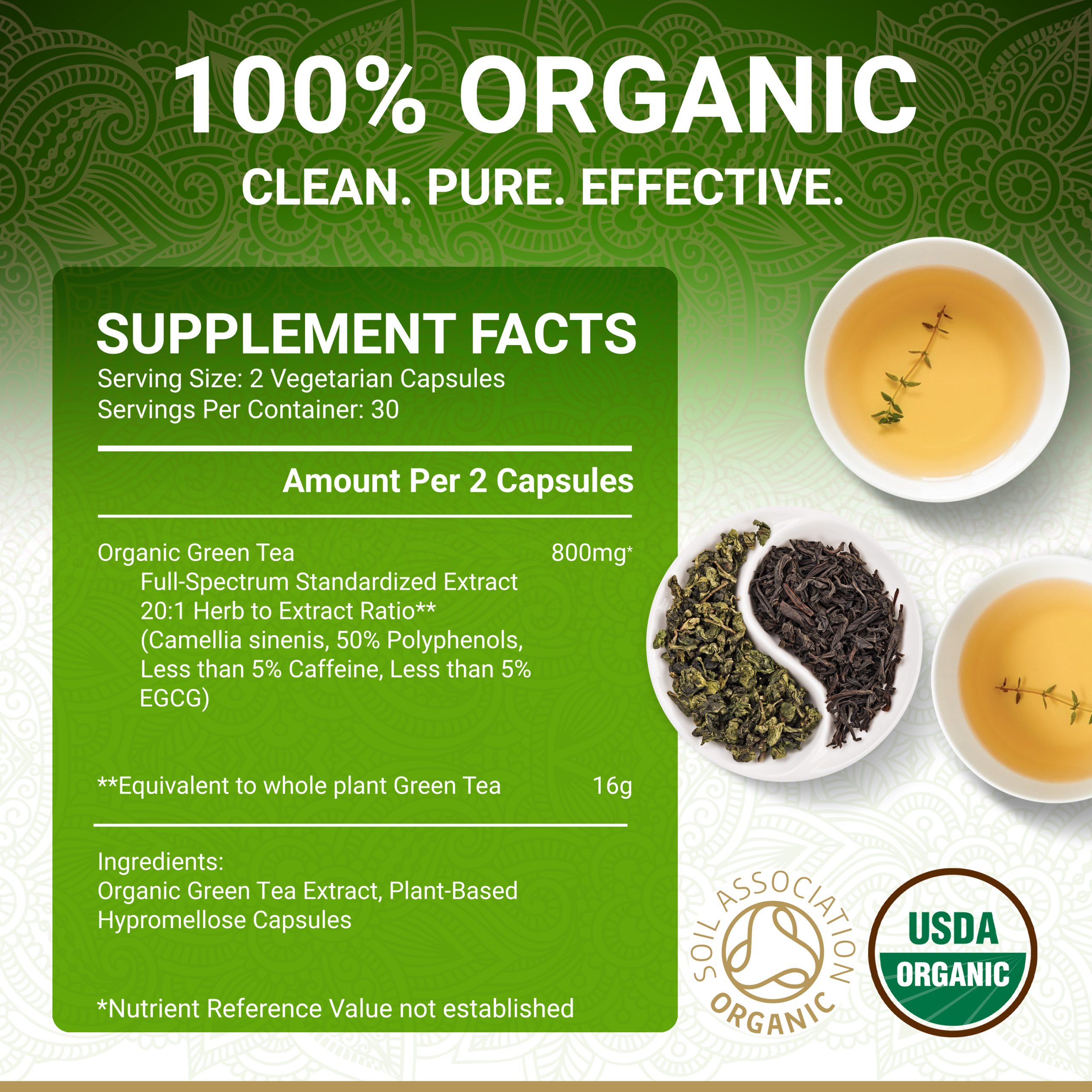 Supplement facts panel for True Veda Organic Green Tea Extract capsules